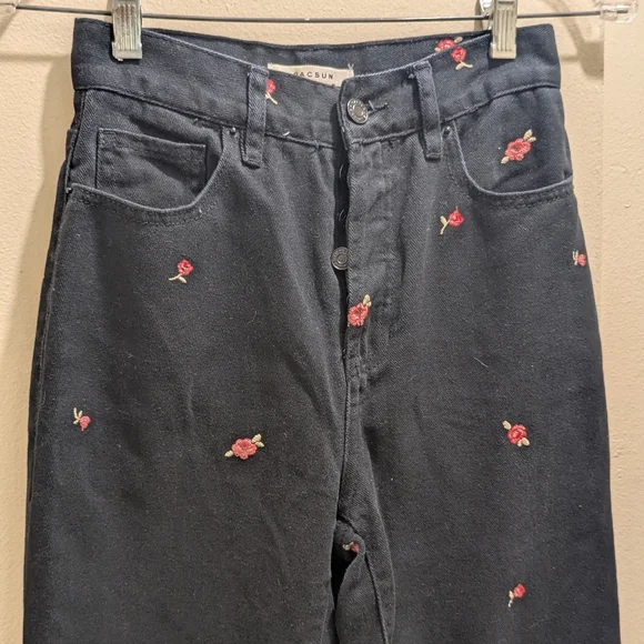 PacSun Rose Embroidered Black High Rise Mom Jeans Straight Ankle Length- 24 - Picture 7 of 13